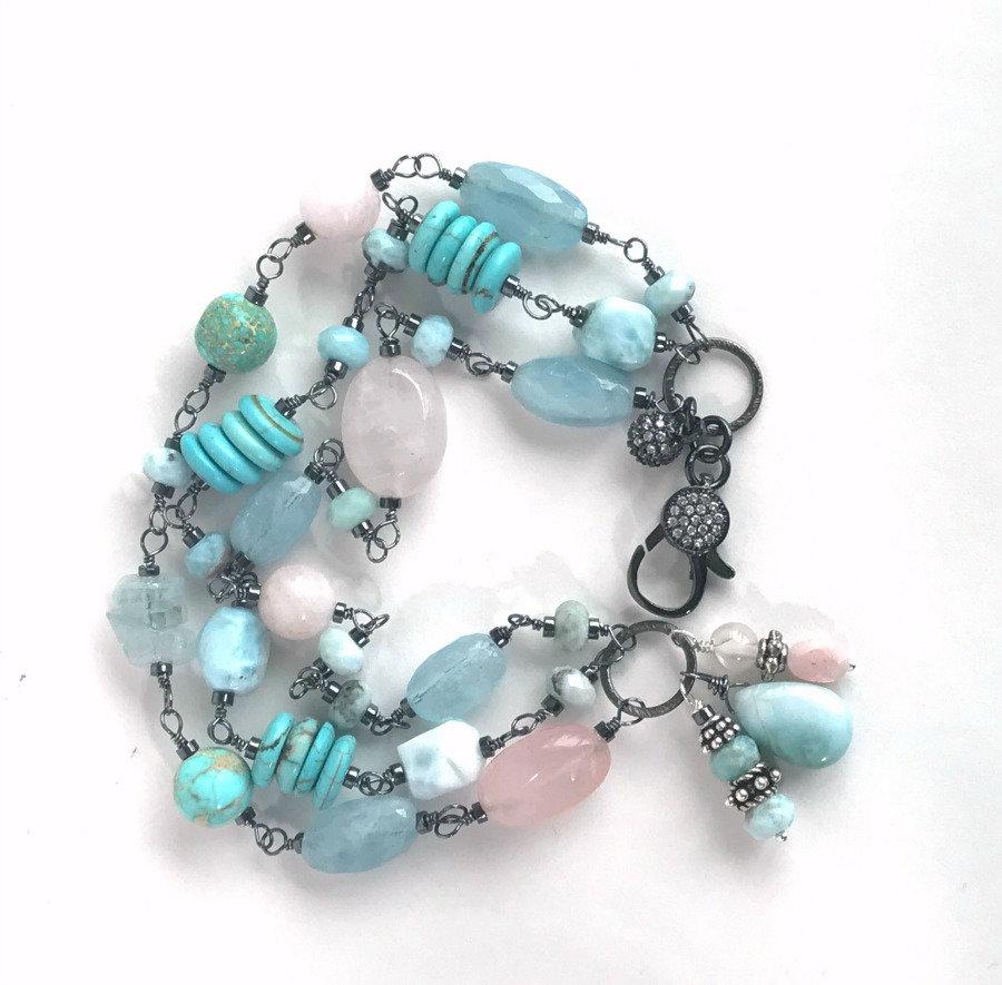 Oxidized Silver Wire Wrap Multistrand Bracelet Larimar Aquamarine - doolittlejewelry