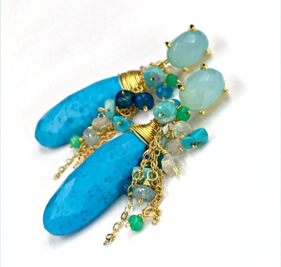 Turquoise, Opal, Colorful Gemstone Cluster Dangle Earrings - doolittlejewelry