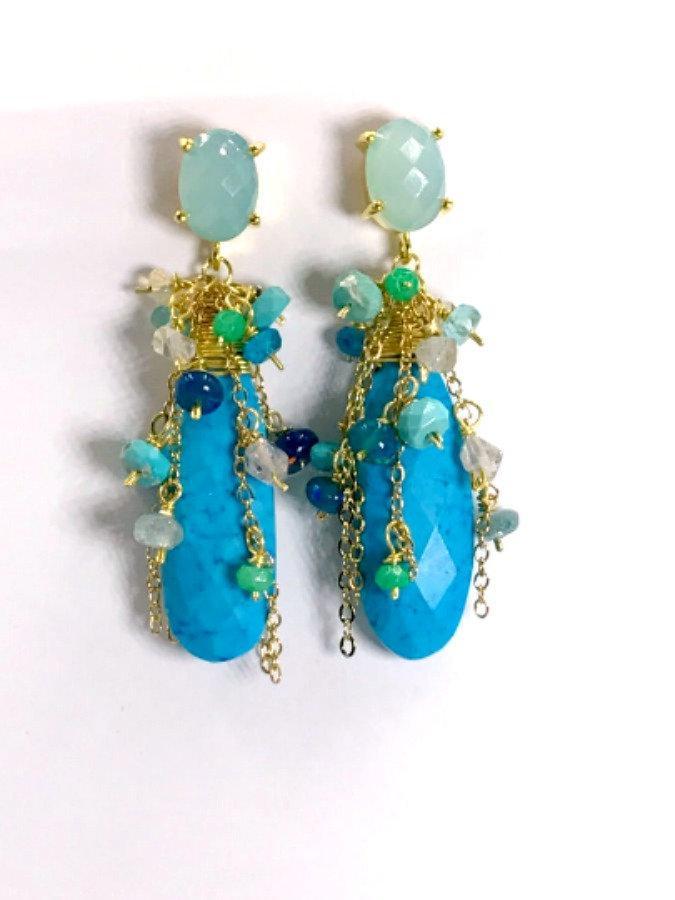 Turquoise, Opal, Colorful Gemstone Cluster Dangle Earrings - doolittlejewelry