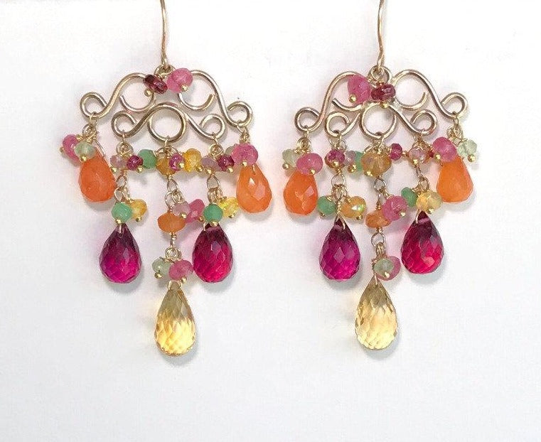 Gemstone Chandelier Gold Wire Wrap Earrings - doolittlejewelry