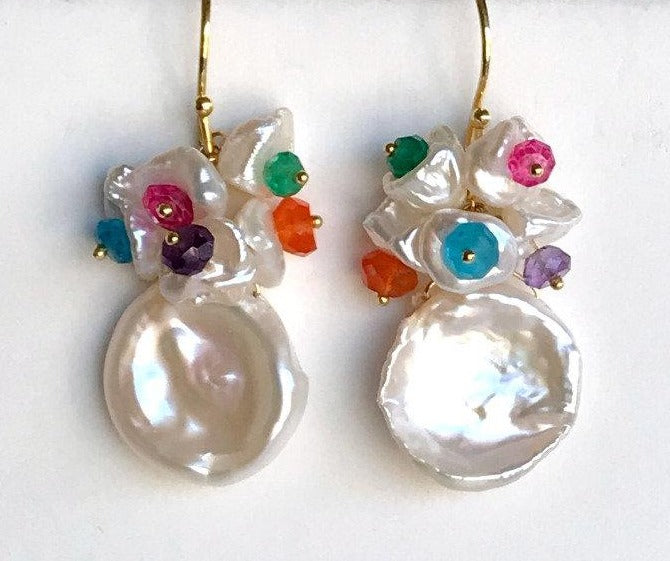 Keishi Pearl and Multicolor Gemstone Cluster Earrings - doolittlejewelry