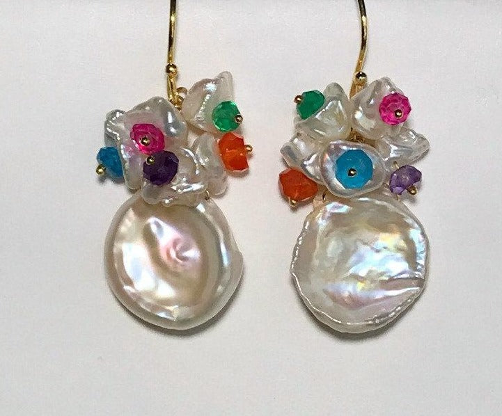 Keishi Pearl and Multicolor Gemstone Cluster Earrings - doolittlejewelry