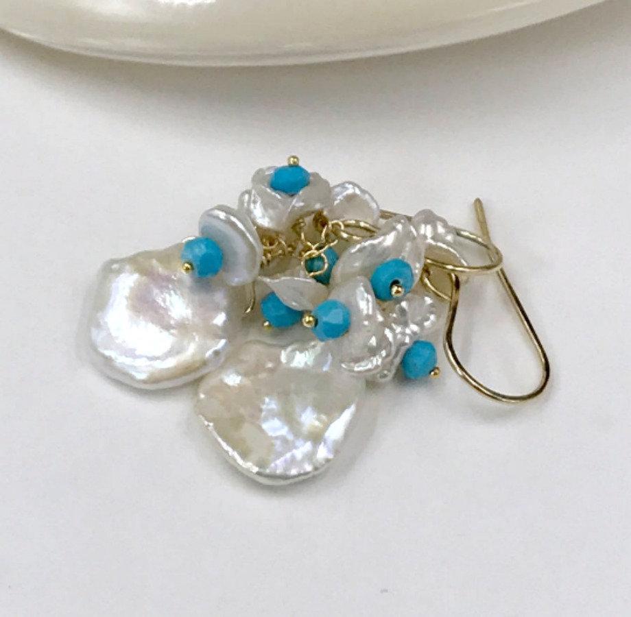 Keishi Pearl Turquoise Cluster Wedding Earrings - doolittlejewelry