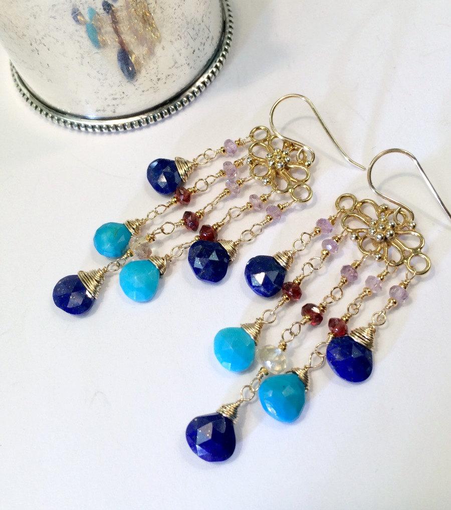 Turquoise, Blue Lapis and Garnet Chandelier Earring - doolittlejewelry