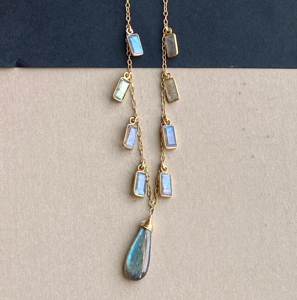 Labradorite Dangle Necklace Gold Fill Boho Style - doolittlejewelry