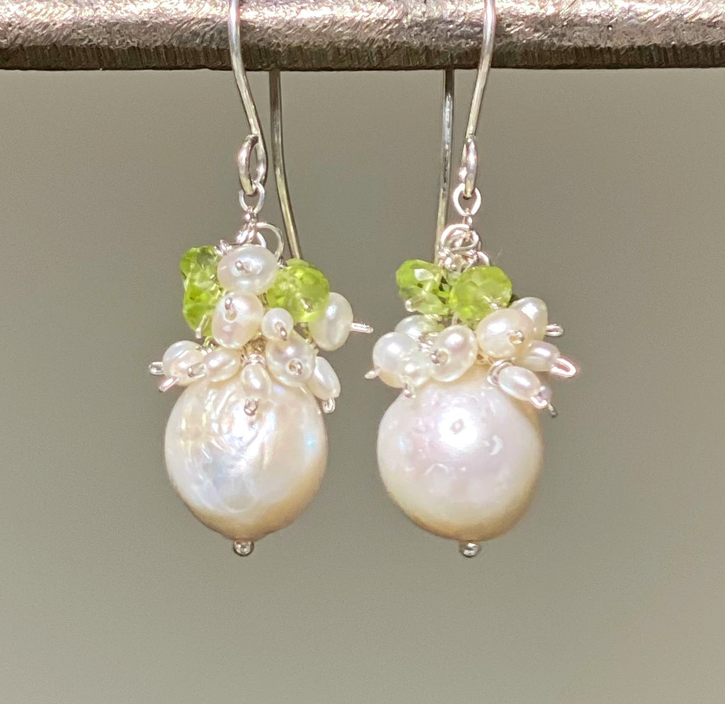 Peridot and Edison Pearl Cluster Earrings, Gold Fill, Rose Gold, Sterling Silver