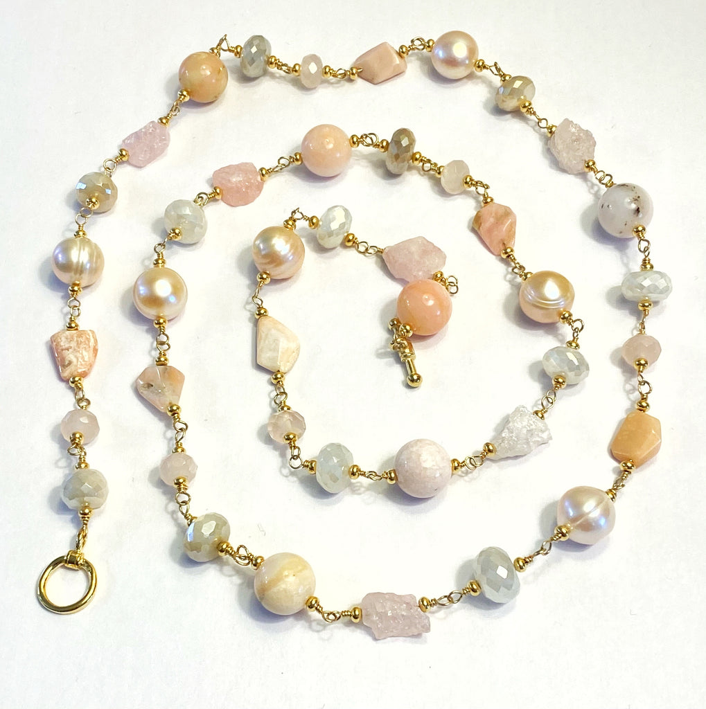 Pink Blush Gemstone and Pearl Long Necklace Gold Fill Wire Wrap