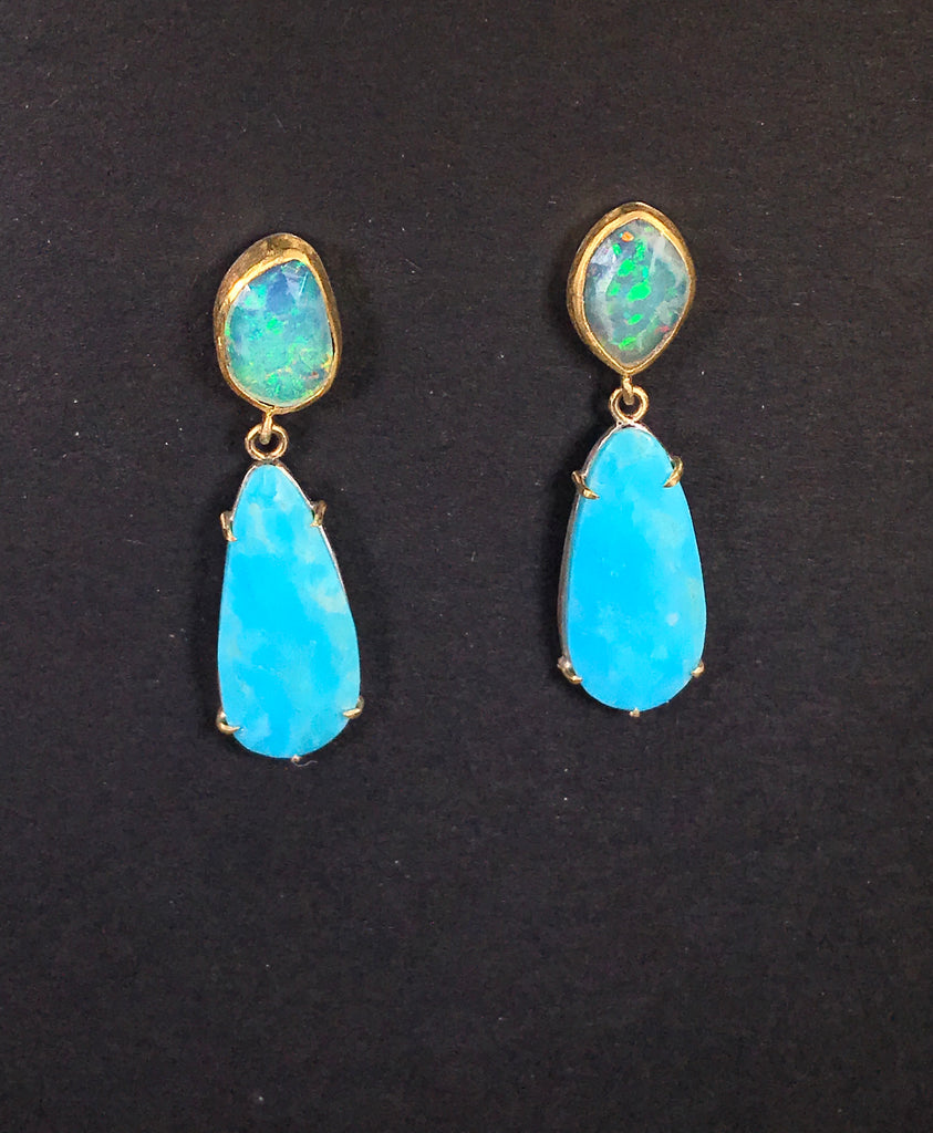 Opal and Sleeping Beauty Turquoise Dangle Earrings Gold Prong Set - doolittlejewelry