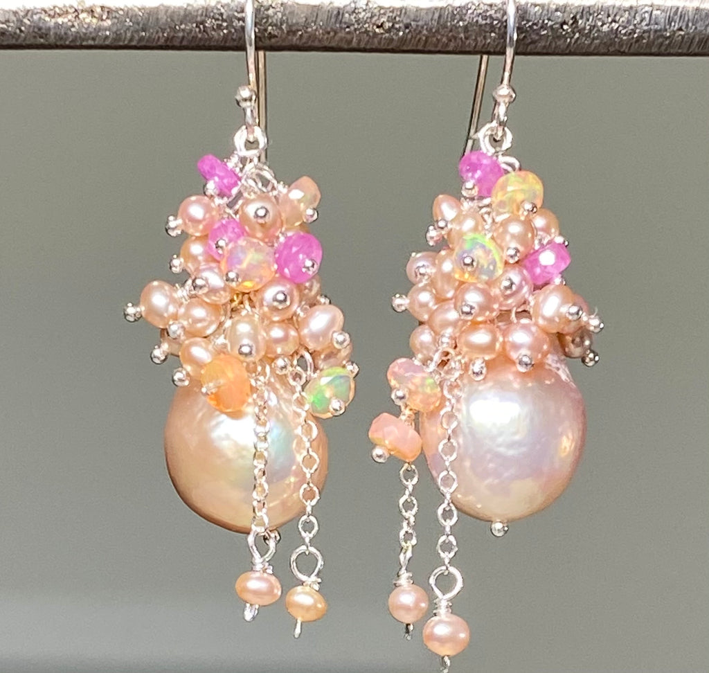 Pink Blush Baroque Pearls Opal, Sapphire Pearl Cluster Earrings