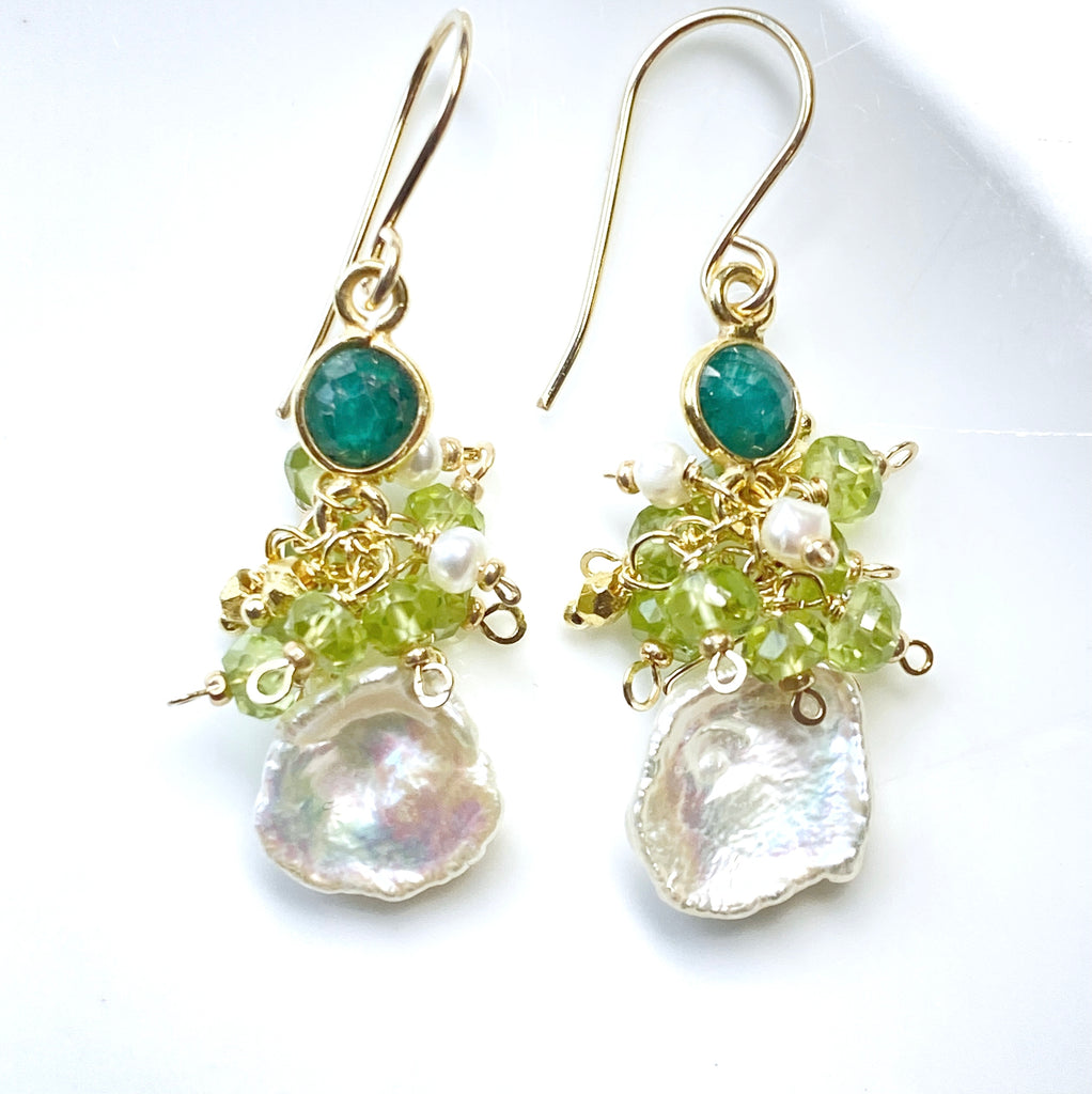 Emerald and Peridot Gemstone Cluster Keishi Pearl Earrings