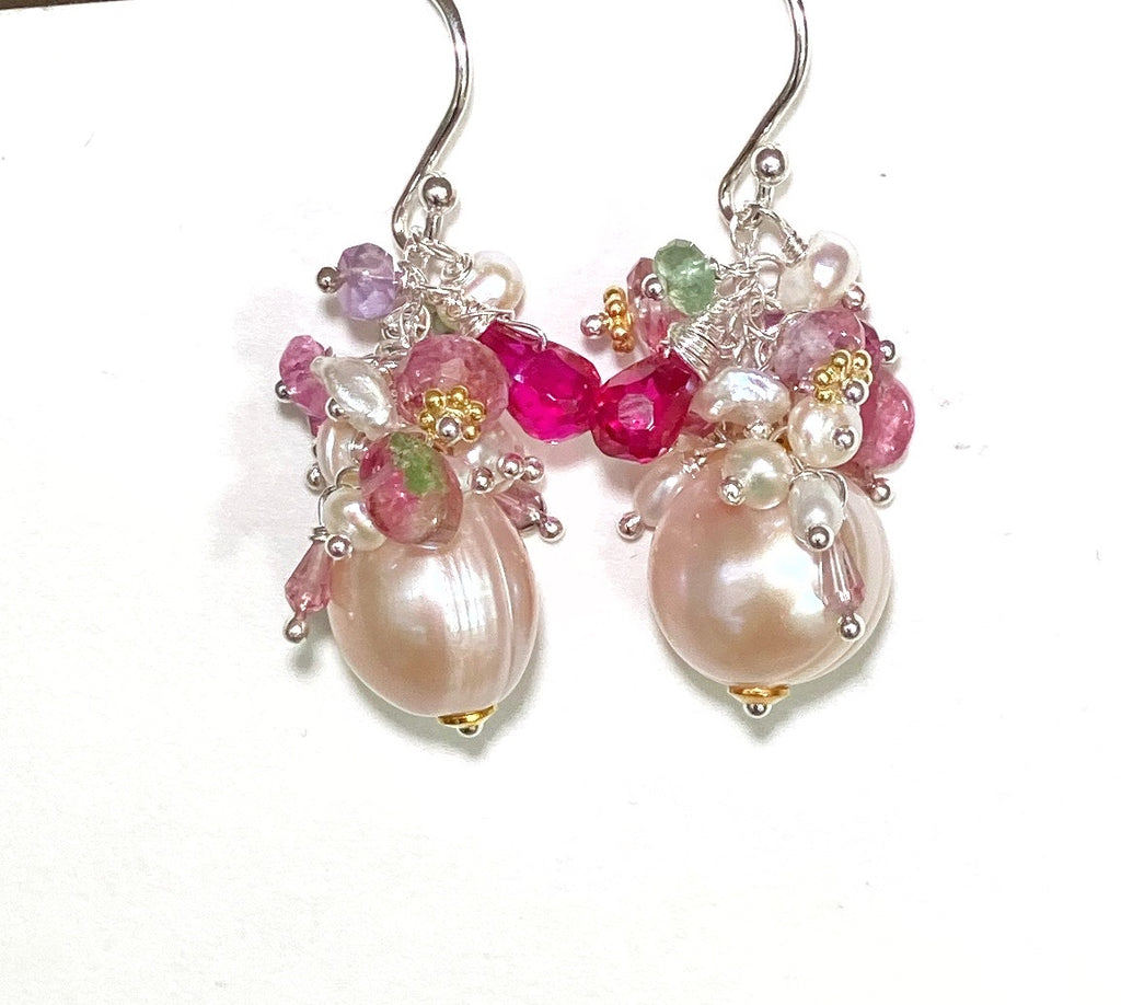Pink Pearl Gemstone Tourmaline Cluster Earrings Sterling Silver Mixed Metal