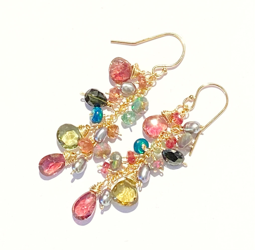 Black Opal and Pink Green Tourmaline Dangle Earrings Gold