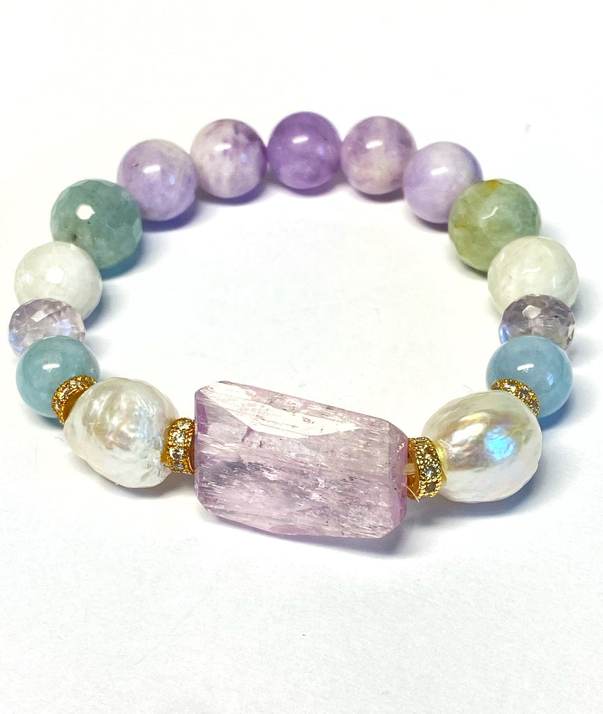 Kunzite, Pearl, Pastel Gemstone Stretch Stacking Bracelet