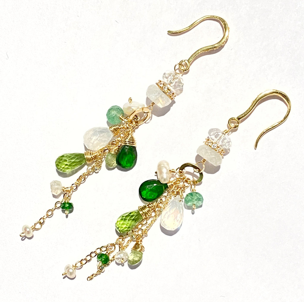 Green Gemstone Boho Dangle Earrings Peridot Chrome Diopside Tsavorite Gold