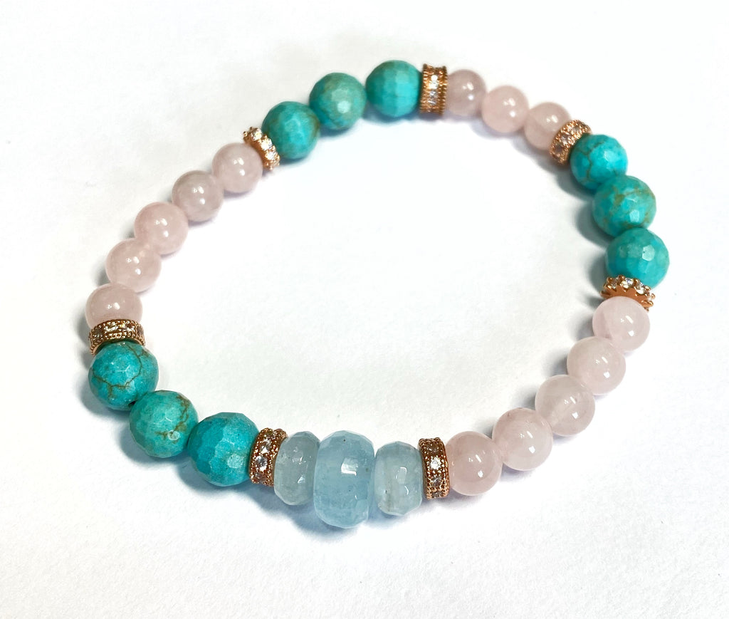 Turquoise Rose Quartz Aquamarine Stretch Bracelet Set of 3 Rose Gold