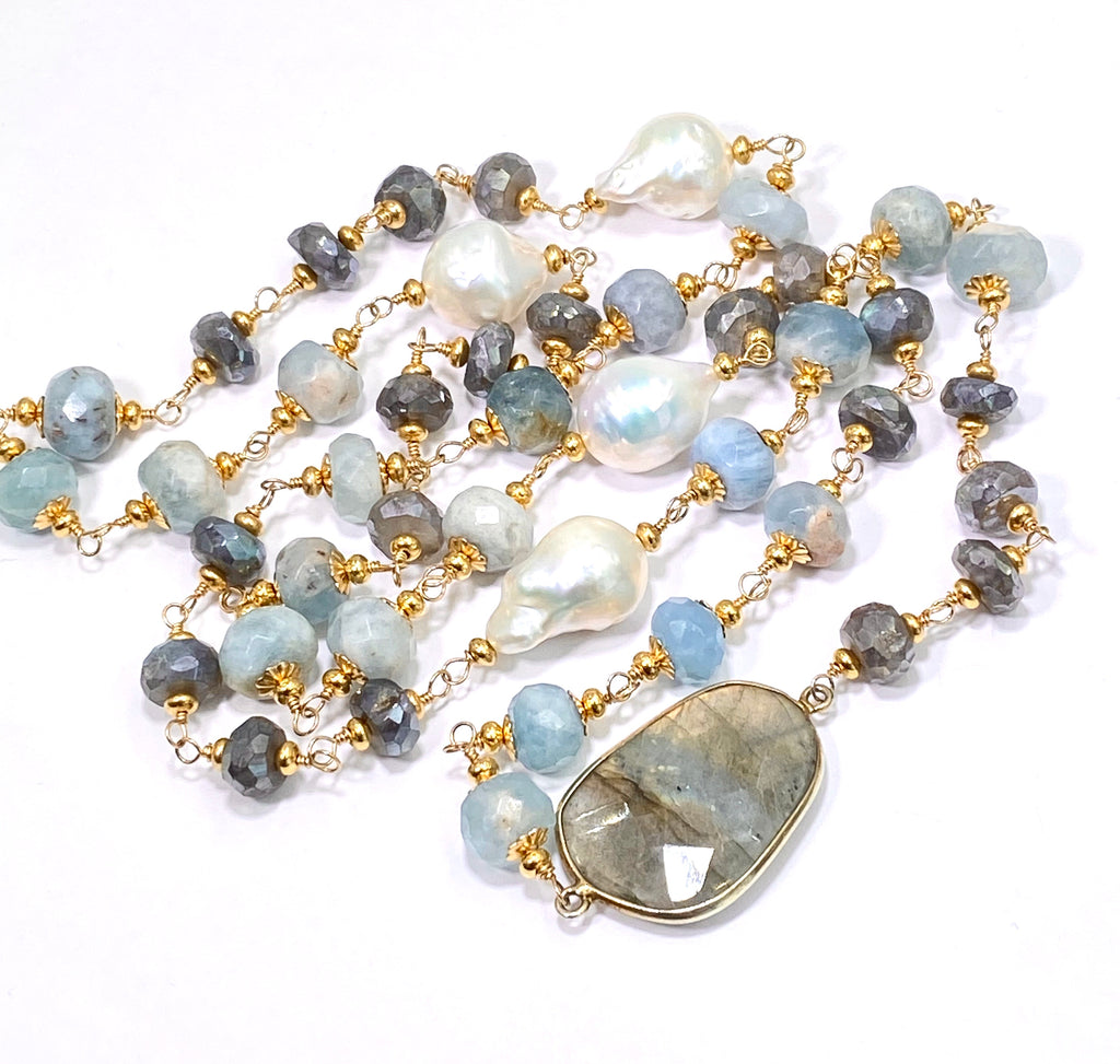 Aquamarine, Labradorite, Pearl Long Wire Wrapped Necklace - doolittlejewelry