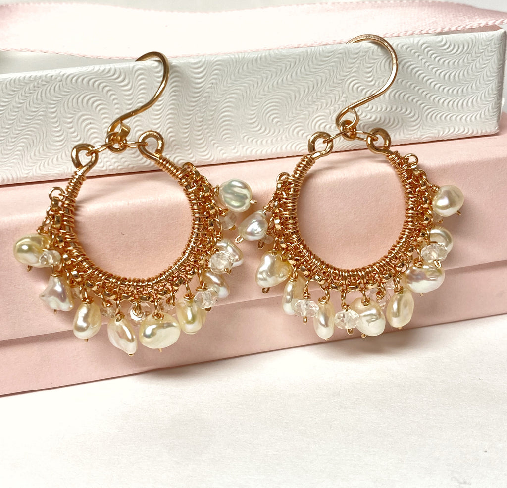 Rose Gold Keishi Pearl and Crystal Hoop Earrings