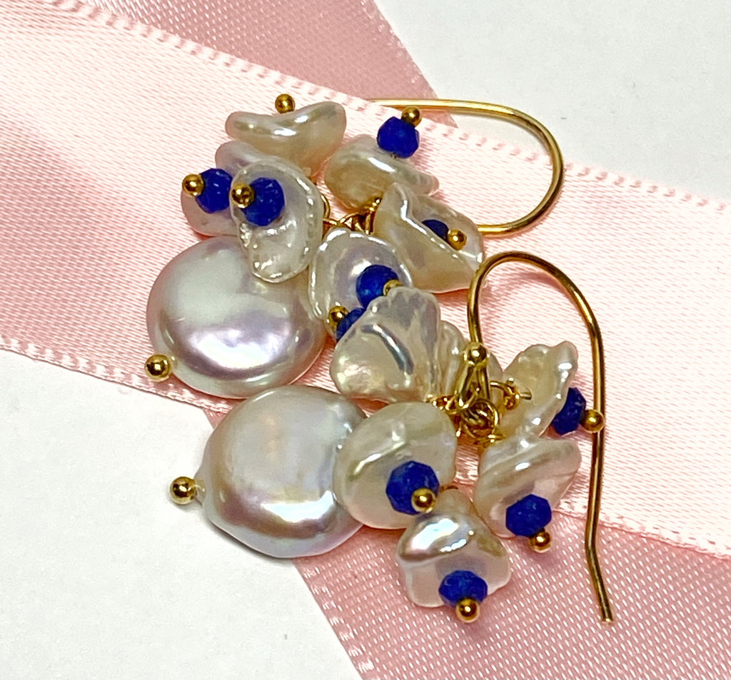 Coin Pearl Blue Lapis Keishi Pearl Cluster Earrings Gold