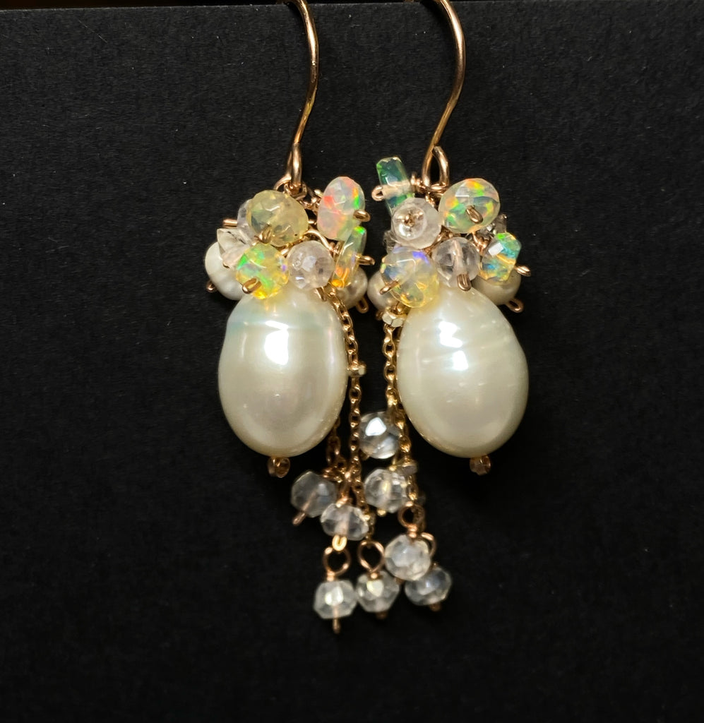 Rose Gold, Opal Cluster, Pearl Earrings