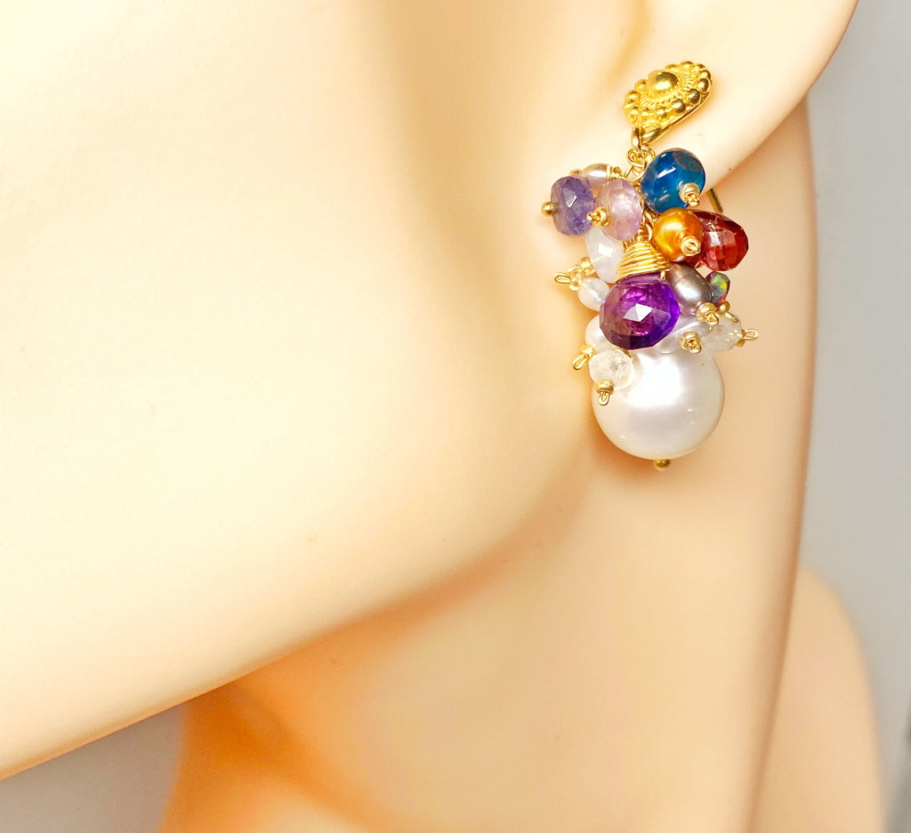 Gemstone Cluster Pearl Earrings, Amethyst, Opal, Pink Tourmaline, Gold Post