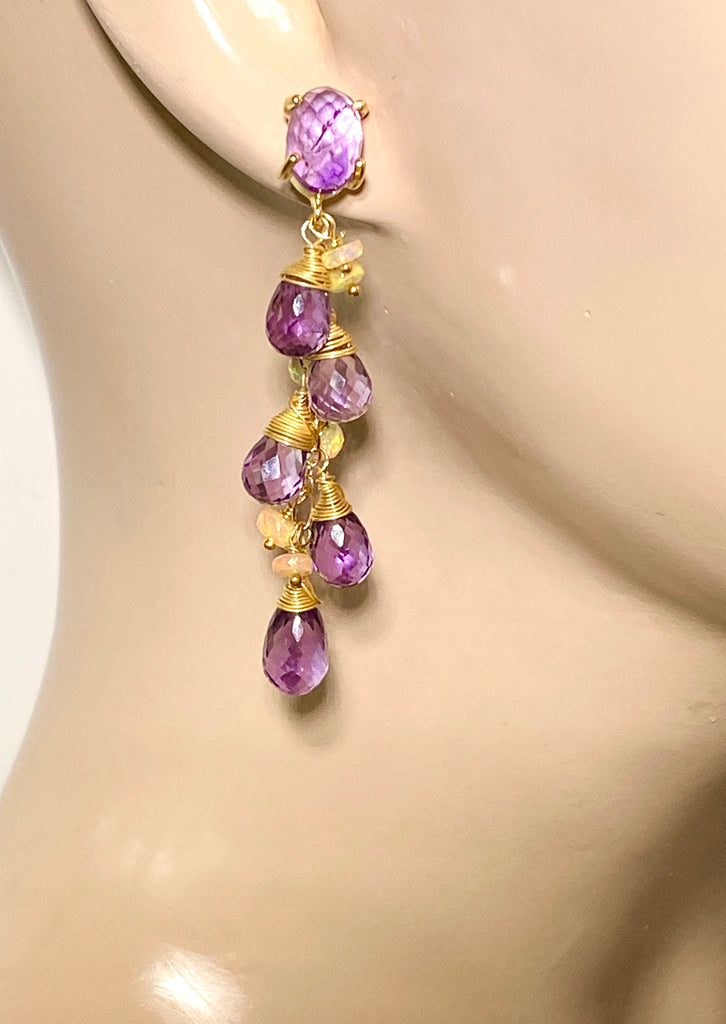 Amethyst, Opal and Gold Dangle Post Earrings - doolittlejewelry