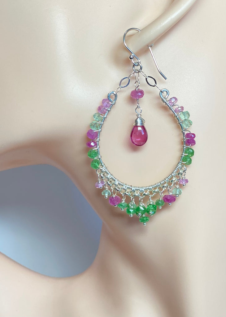 Sterling Silver Pink Sapphire Tsavorite Hoop Earrings