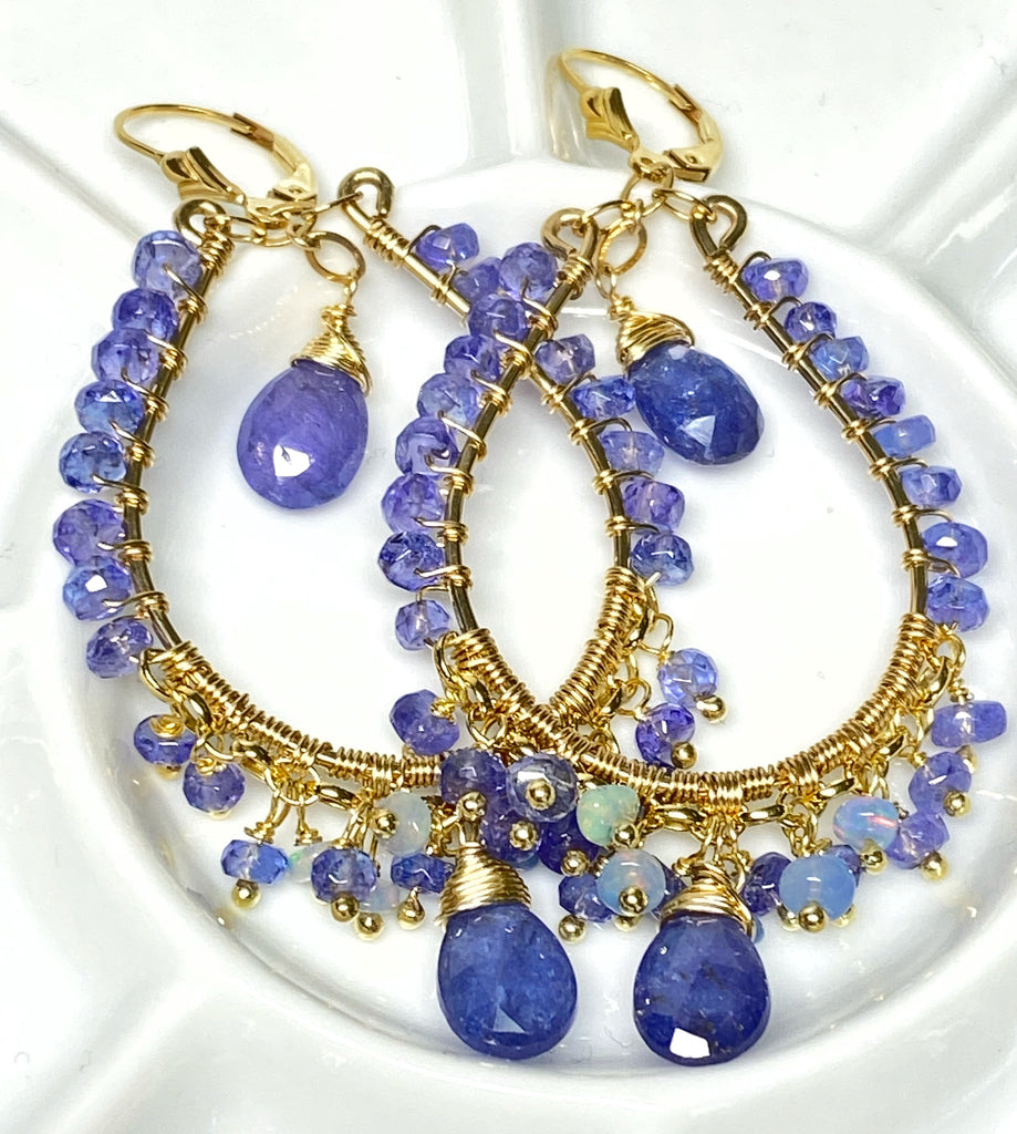 Tanzanite and Opal Hoop Earrings in Gold Fill