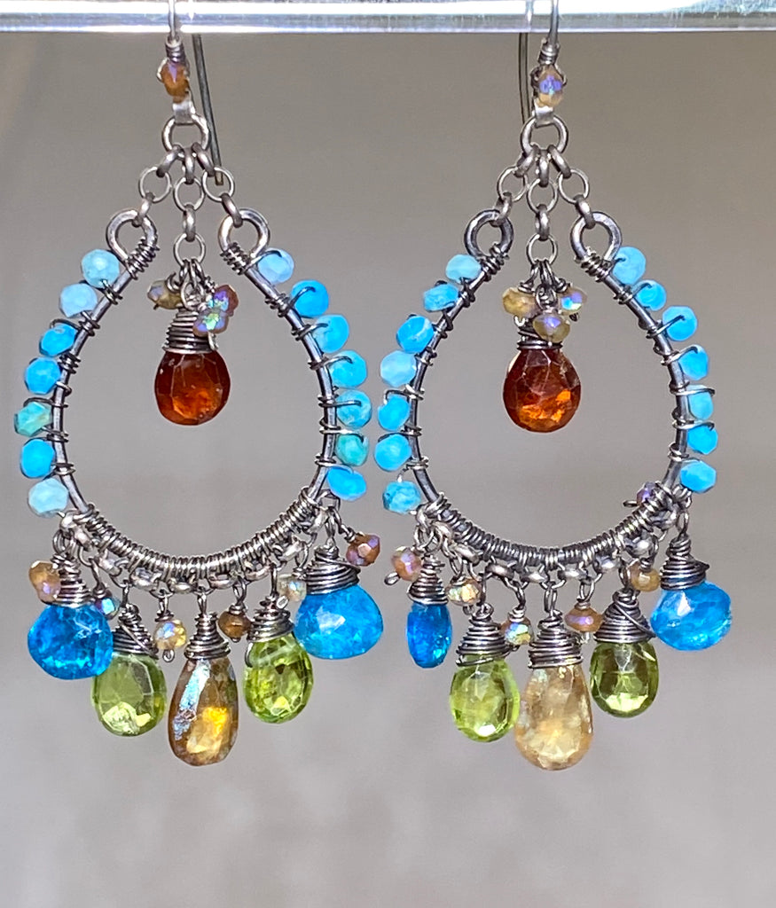 Multi-color Gemstone Oxidized Silver Boho Hoop Earrings Turquoise Peridot Mystic Hessonite - doolittlejewelry