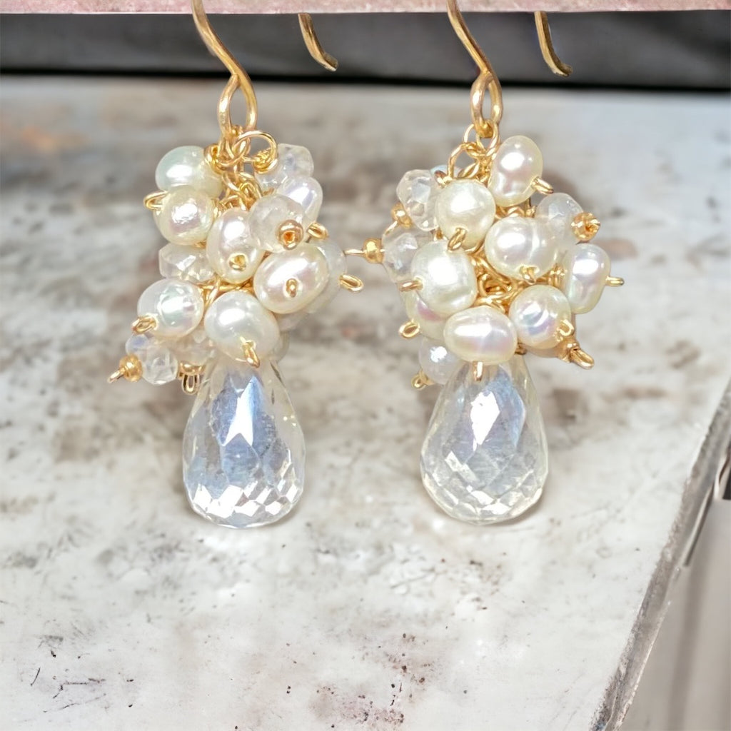 Mystic Silver Quartz Crystal Pearl Cluster Earrings 14kt Gold Fill