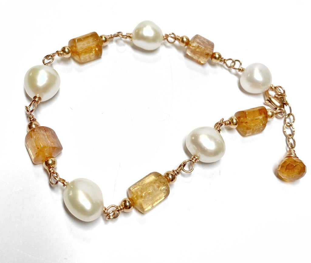 imperial topaz, pearl and rose gold wire wrapped bracelet