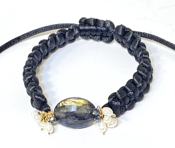 Black Labradorite Knotted Macramé Adjustable Bracelet