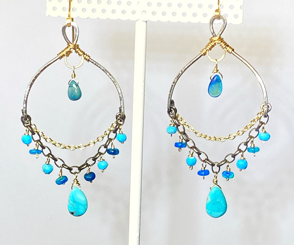 Blue Opal and Kingman Turquoise Mixed Metal Chandelier Earrings