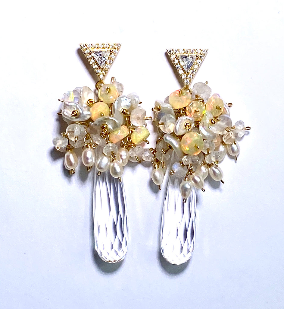 Crystal Quartz Opal and Moonstone Cluster Earrings Gold Post - doolittlejewelry