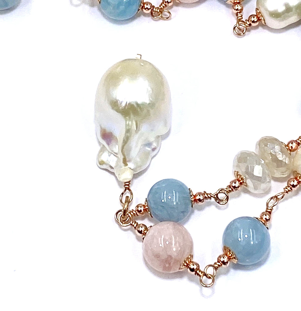 Long Blue Aquamarine Necklace Rose Gold, Pearl Gemstone Sautoir Wire Wrapped