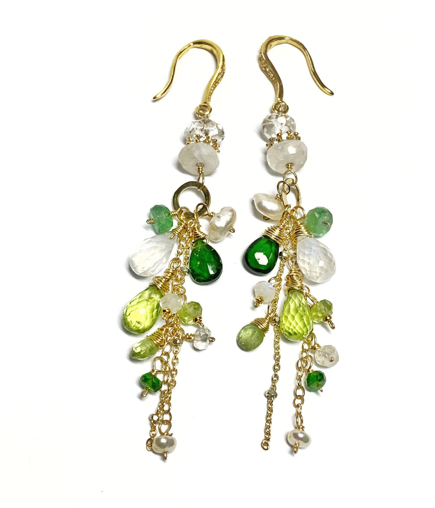 Green gemstone long dangle earrings with peridot, moonstone, chrome diopside