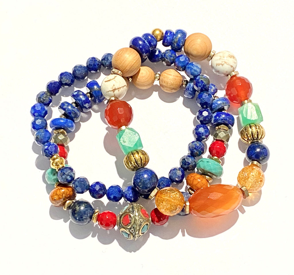 Stacking Bracelet Set of 3 Blue Lapis Chrysoprase Carnelian