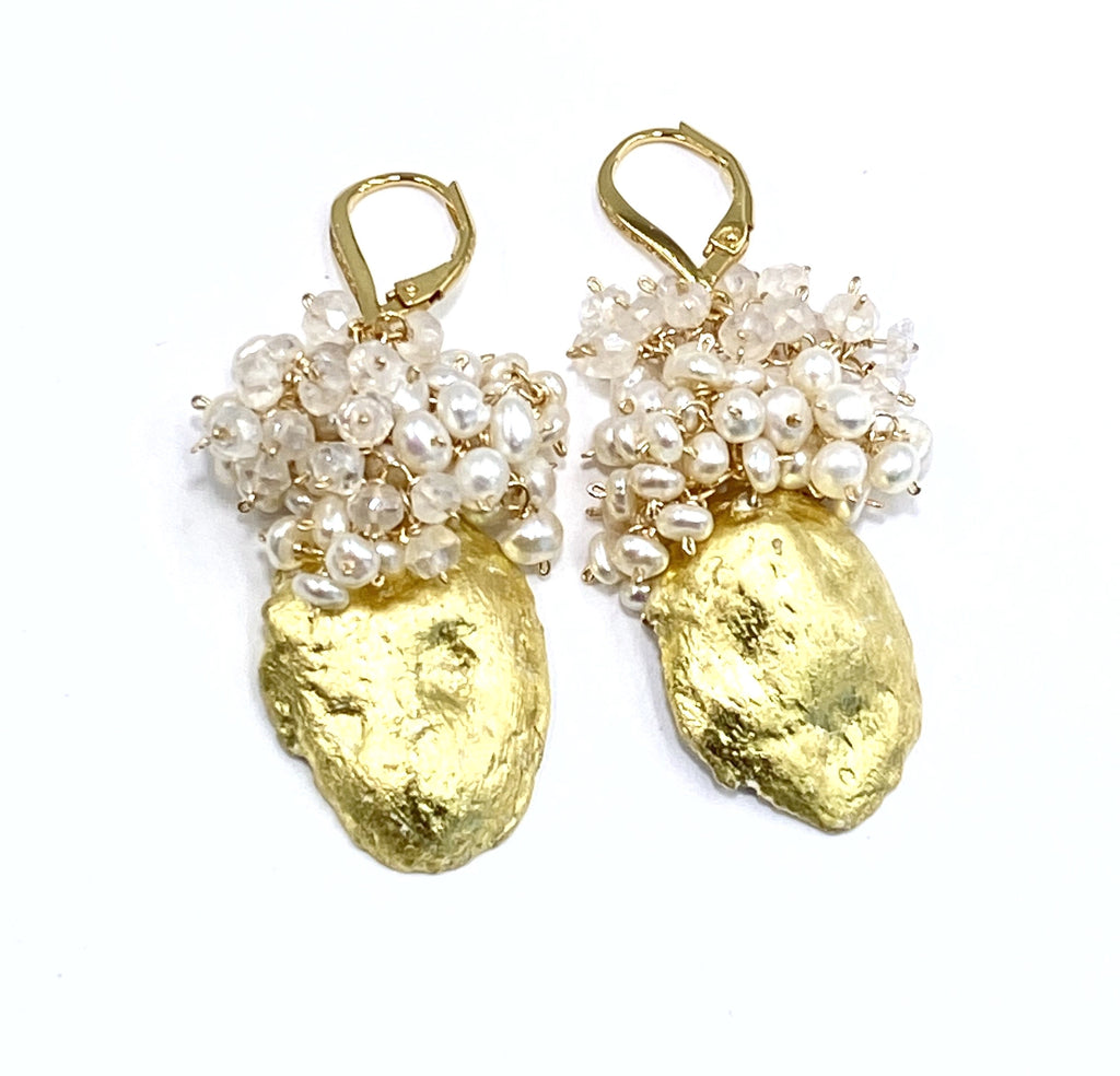 Ivory Beige Tabasco Geode Pearl Cluster 24 kt Gold Leaf Earrings