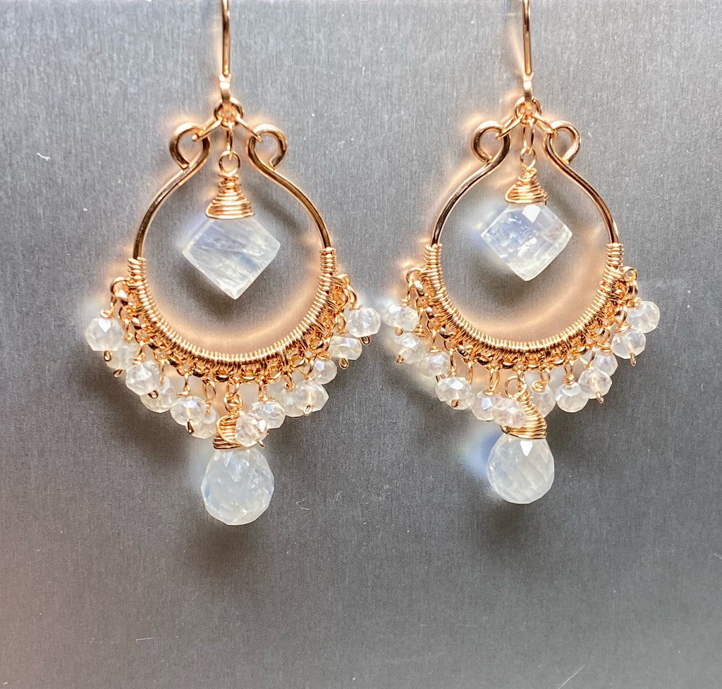 Rainbow Moonstone Rose Gold Hoop Chandelier Earrings