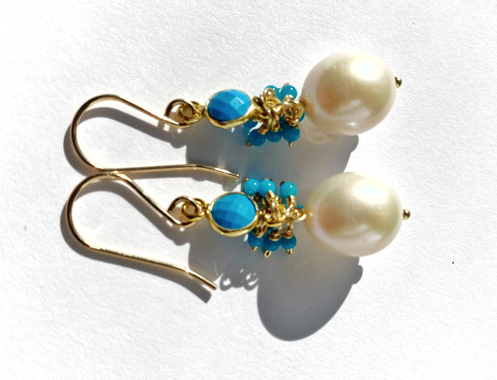 Pearl, Turquoise Gemstone Cluster and Dangle Earrings