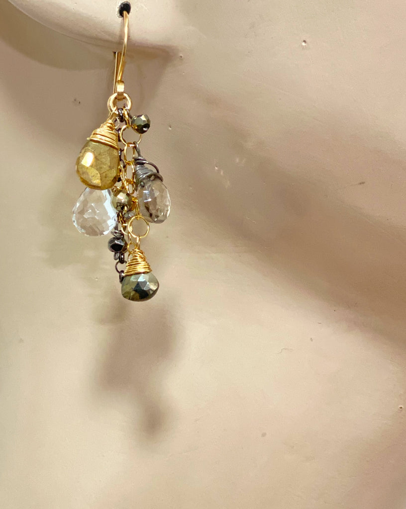 Crystal Quartz and Gold Mixed Metal Dangle Earrings