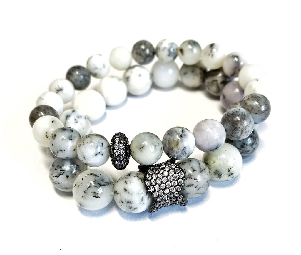 White and Black Stretch Bracelets Set of 2, Dendritic Opal Oxidized Silver Pave