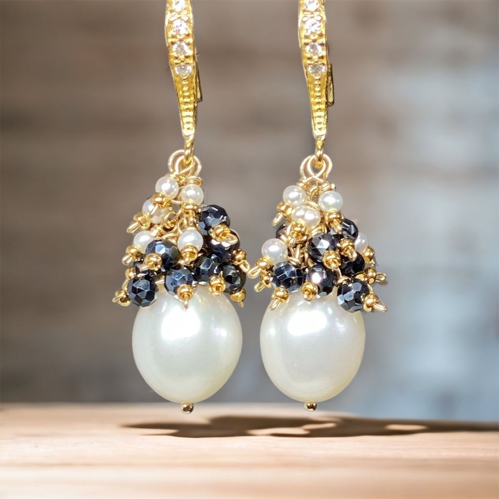 White freshwater pearls with clusters of black spinel and more tiny white pearl on gold fill