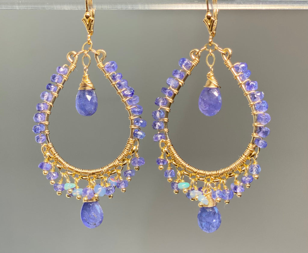 Tanzanite and Opal Hoop Earrings in Gold Fill