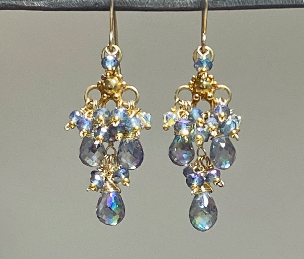 mystic topaz faceted teardrop chandelier earrings with clusters
