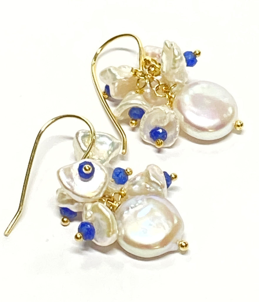 Coin Pearl Blue Lapis Keishi Pearl Cluster Earrings Gold