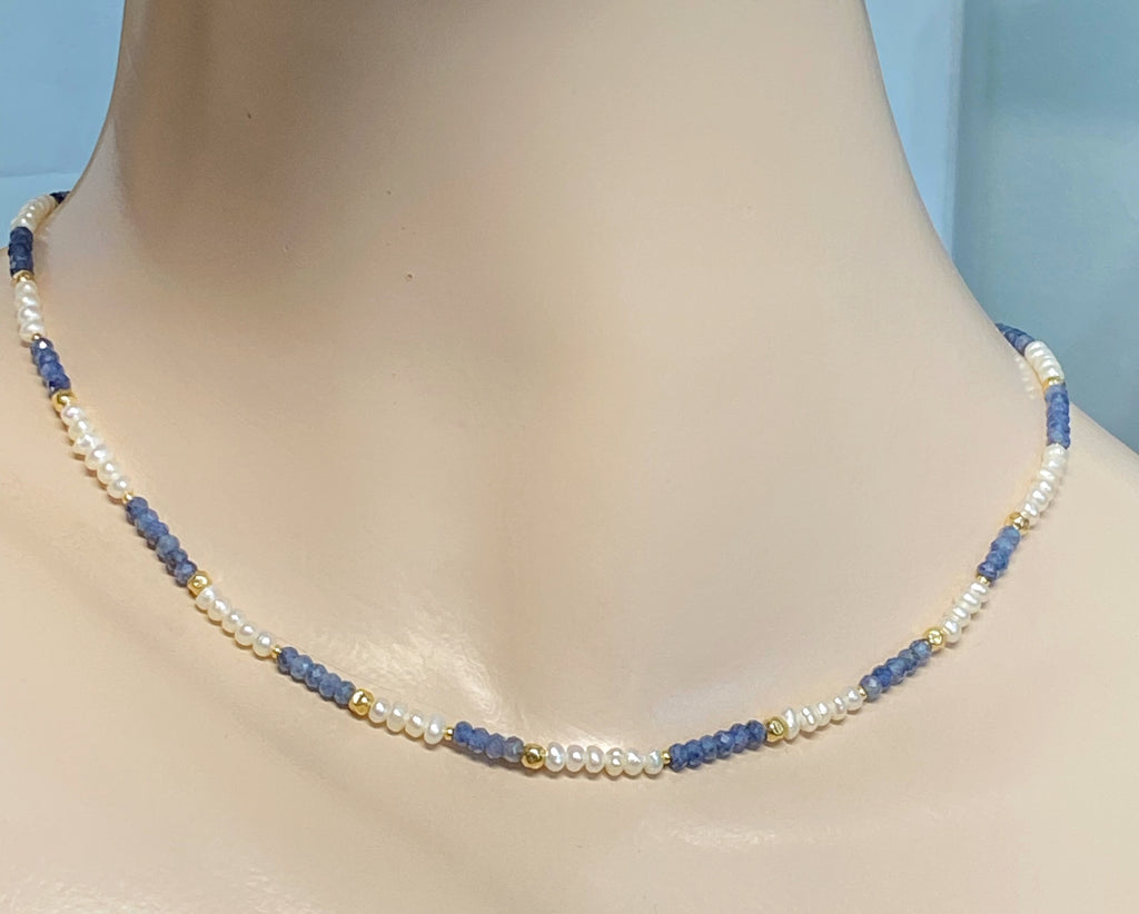 Blue Sapphire and Pearl Dainty Necklace