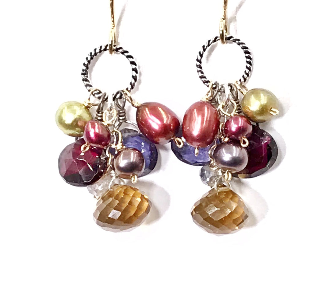Multicolor Gemstone Dangle Earrings Iolite Garnet Pearl Mixed Metals