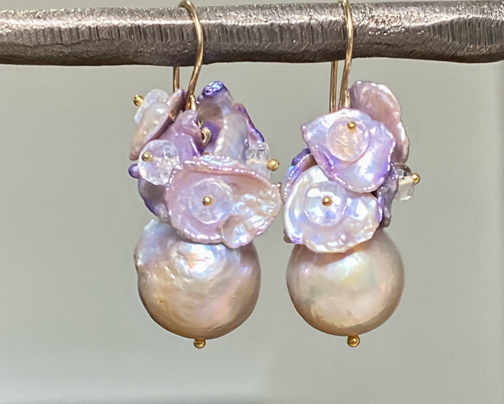 statement silver grey lavender and moonstone pearl cluster earrings