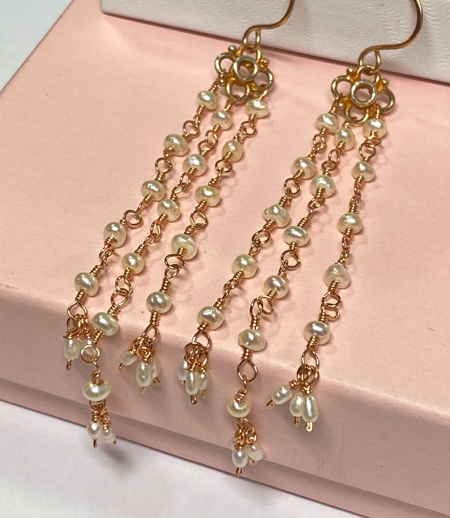 Long Pearl Shoulder Duster Dangle Earrings Rose Gold