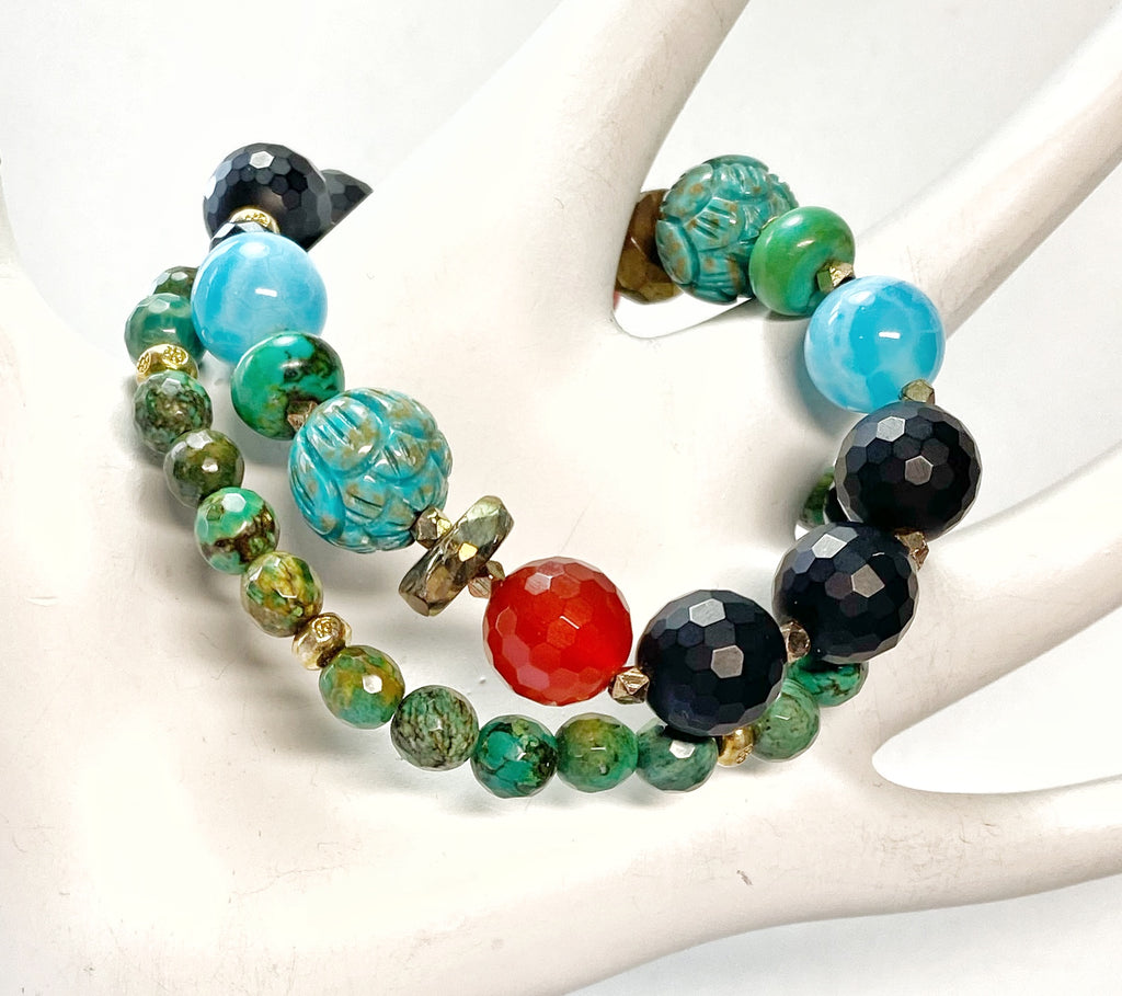 Gemstone Strech Bracelets Set of 2: Carnelian, Turquoise, Onyx